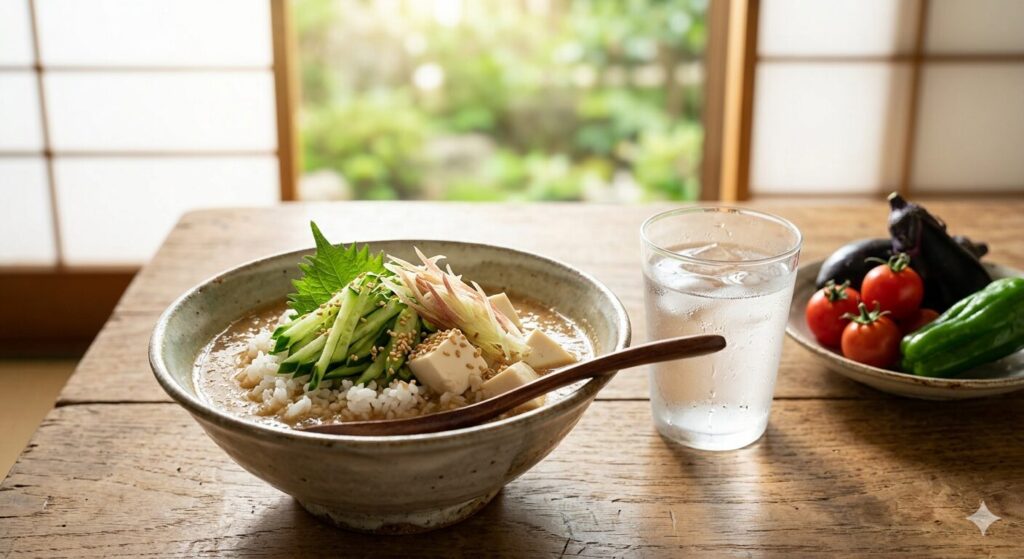 きゅうりや大葉、みょうがを添えた冷や汁とご飯が並ぶ夏の食卓の様子です。夏バテ対策に役立つ伝統的な味噌料理を表現しています。