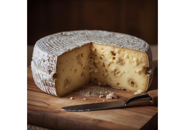 カットされた発酵チーズ「カス・マルツゥ」が木製のカッティングボードに置かれている。イタリア・サルデーニャ島の伝統的な発酵食品。