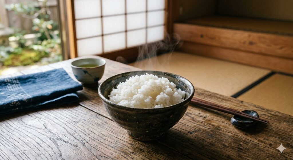 炊き立ての白米が茶碗に盛られている様子であり、米が主要なエネルギー源であることを示しています