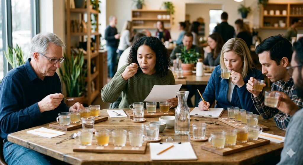 味覚テストで旨味を評価している様子を示す写真です。