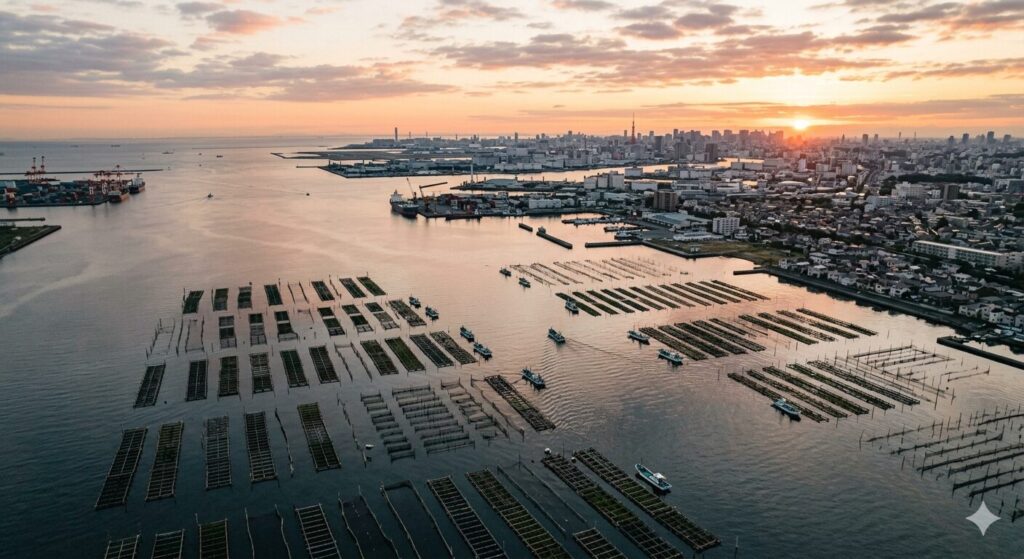 東京湾の海苔養殖施設と漁船の様子です。黒鯛の食害が発生している漁業環境を示しています。