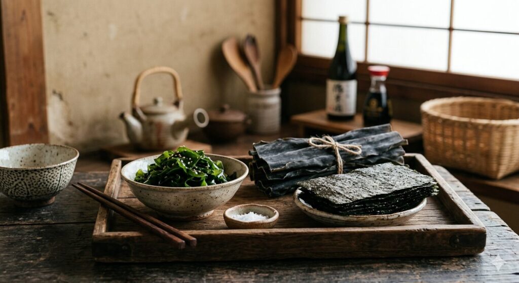 日本人の食文化を支えてきた海苔・昆布・わかめなどの海藻食品の様子です。