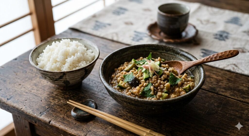 金山寺味噌の具材と発酵した穀物が見える、おかず味噌の特徴を表した写真です