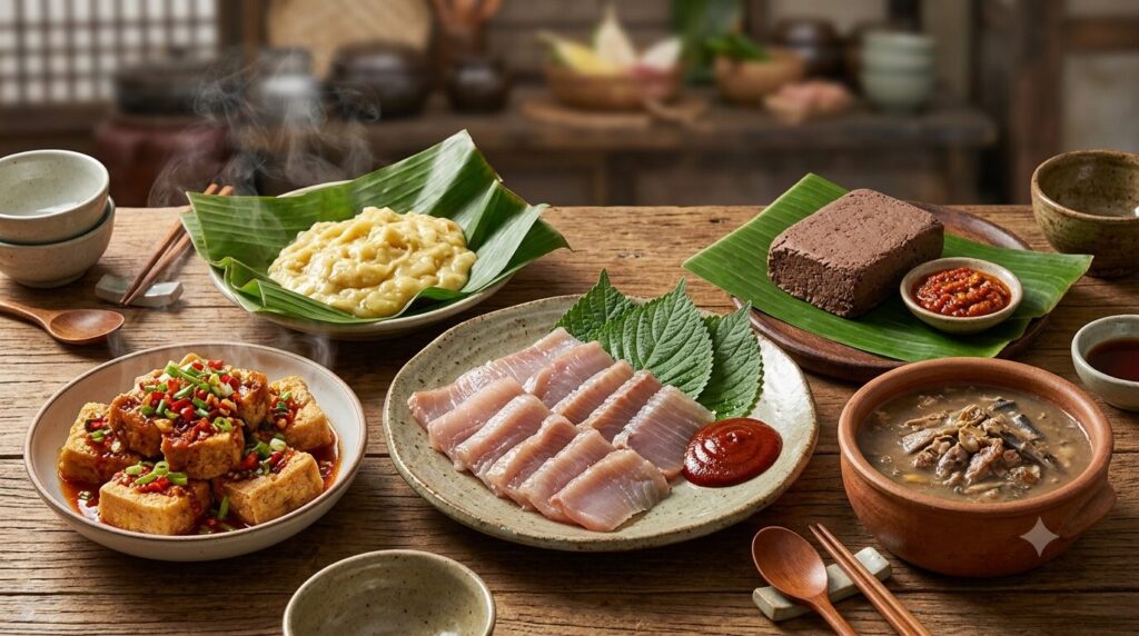 韓国、中国、東南アジアの代表的な発酵食品が並ぶ様子です。アジアの発酵文化の多様性をご覧いただけます。