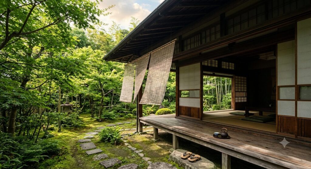 軒や縁側を備えた日本家屋で、風通しと日陰を活かした日本の伝統的な暑さ対策