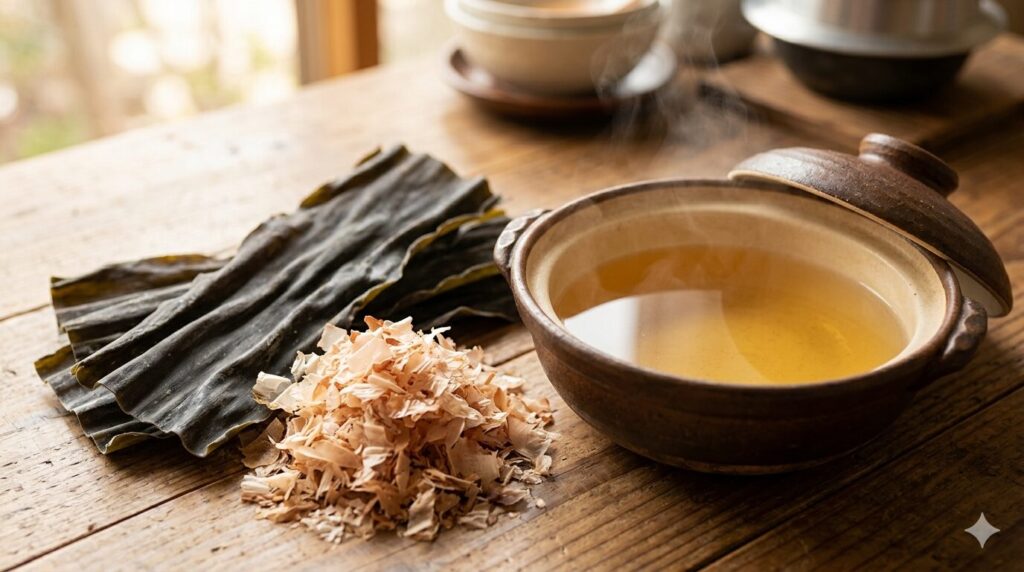 昆布と鰹節からとった出汁の材料を並べた写真です。