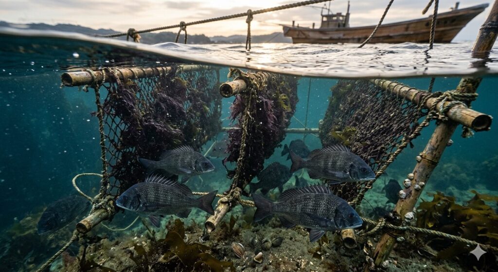 海苔養殖網の周辺を泳ぐ黒鯛の様子です。海苔食害の原因となる行動をイメージしています。