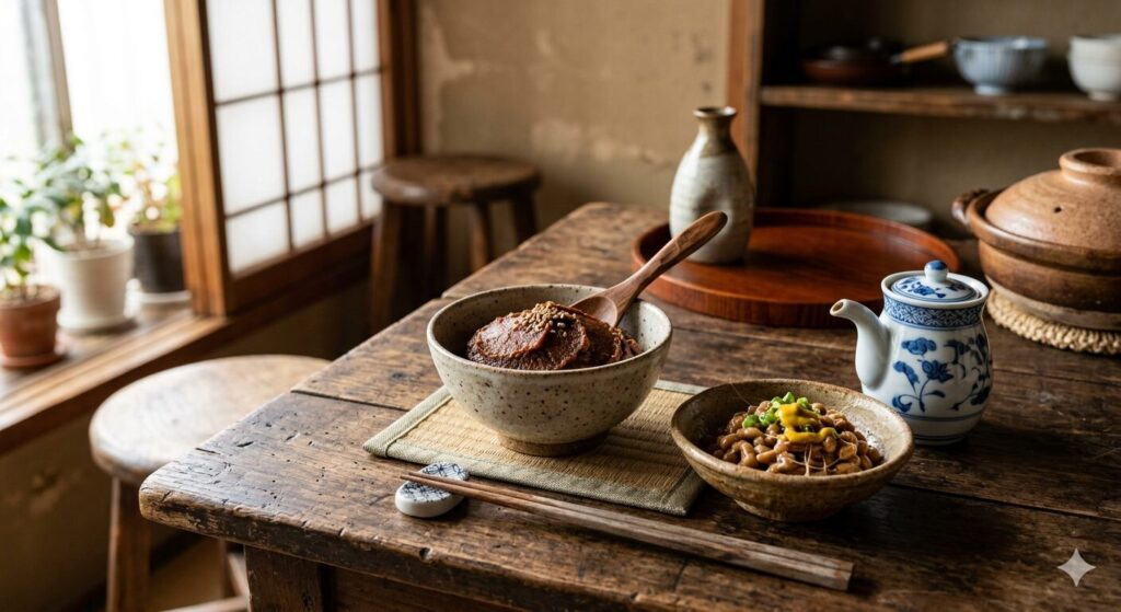 味噌・納豆・醤油など日本の代表的な発酵食品を並べた様子です。