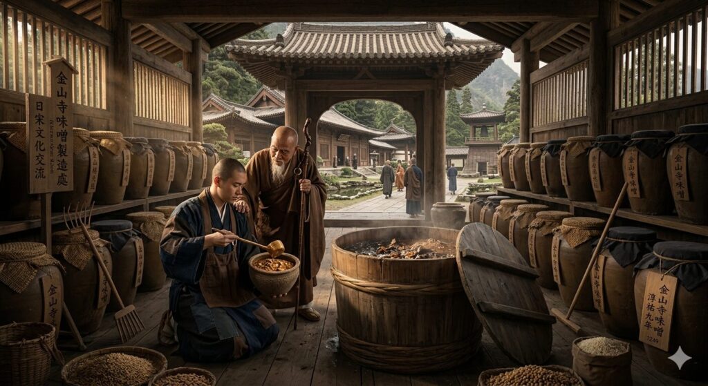 宋から伝わった発酵技術を学ぶ僧侶をイメージした、金山寺味噌の歴史を表現した写真です。