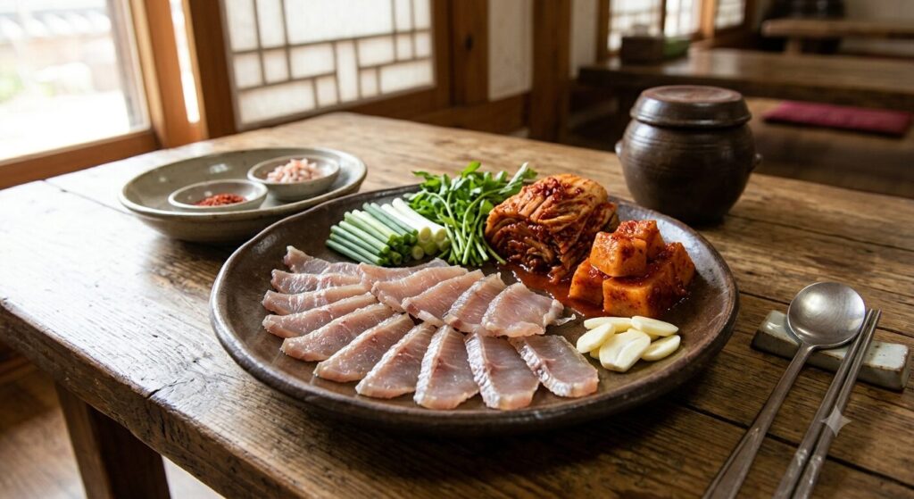 韓国伝統の発酵食品ホンオフェをキムチとともに盛り付けた様子です。韓国の発酵食文化を紹介しています。