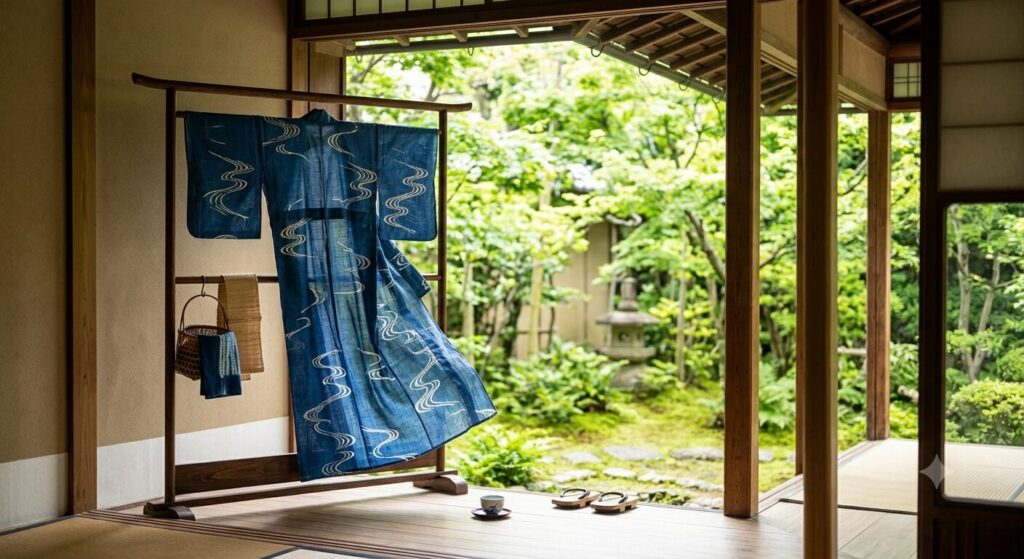 麻や木綿の浴衣が風に揺れ、日本の伝統的な夏の衣服による暑さ対策