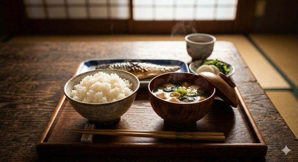 ご飯と味噌汁が並んだ日本の食卓の様子であり、味噌と米の組み合わせの象徴を示しています