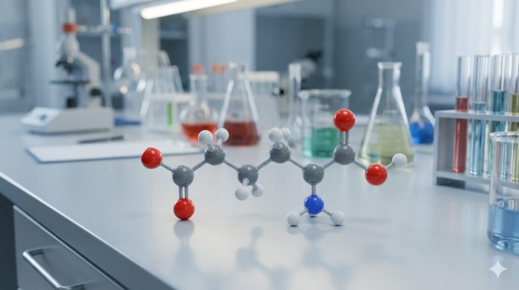 グルタミン酸の分子モデルを示す科学的な写真です。