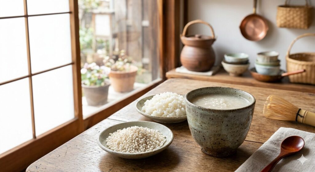 米麹から作られた甘酒と麹原料を撮影した発酵食品のイメージです。