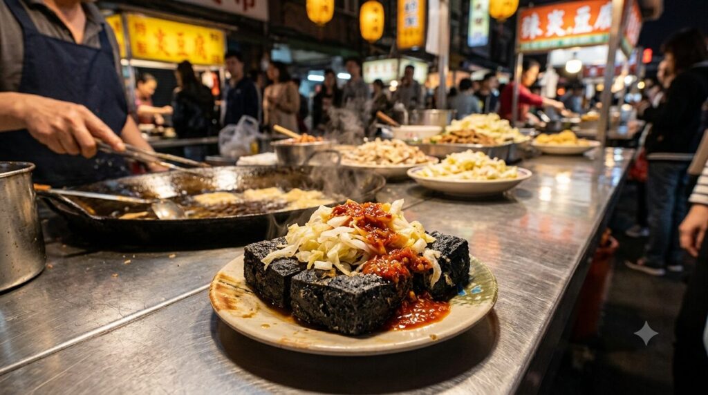 中国の発酵食品である臭豆腐を揚げた屋台料理の様子です。