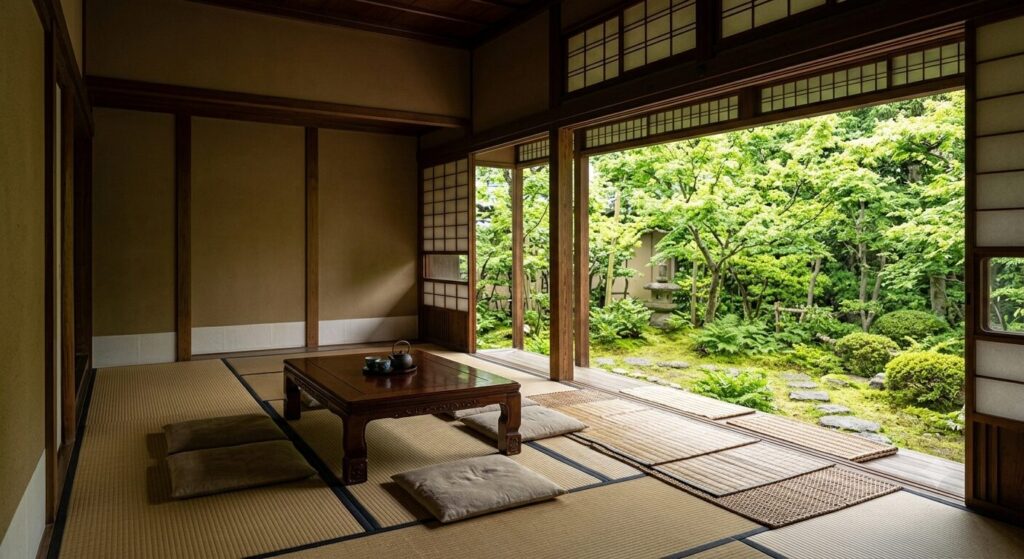 竹や籐の敷物を敷いた和室で、日本の伝統的な自然素材による暑さ対策