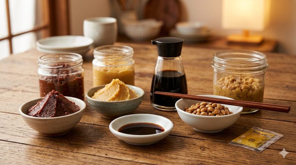 味噌や醤油などの日本の発酵食品を並べた写真です。