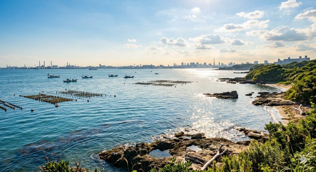 東京湾の海域環境を撮影したイメージです。海水温上昇や生態系変化との関係を表現しています。