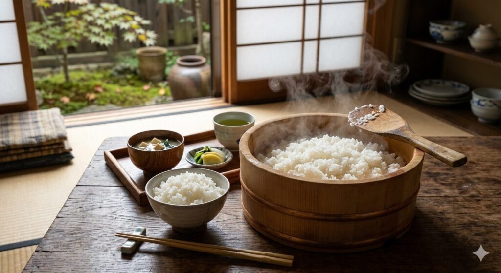 日本人の主食である炊きたての白米を盛り付けた様子です。