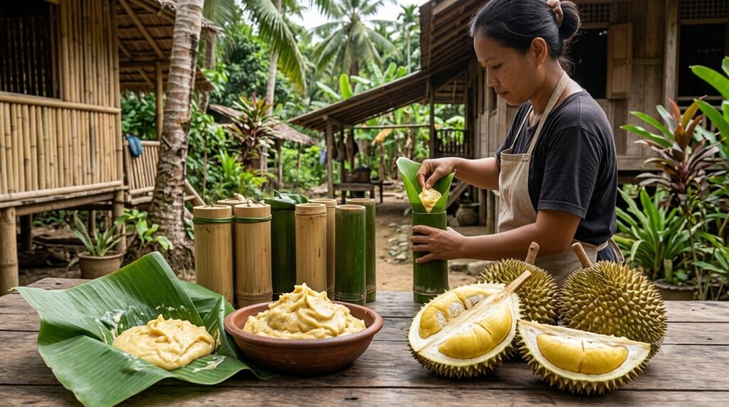バナナの葉と竹筒を使って発酵させた東南アジアの発酵ドリアンの様子です。伝統的な保存技術を紹介しています。
