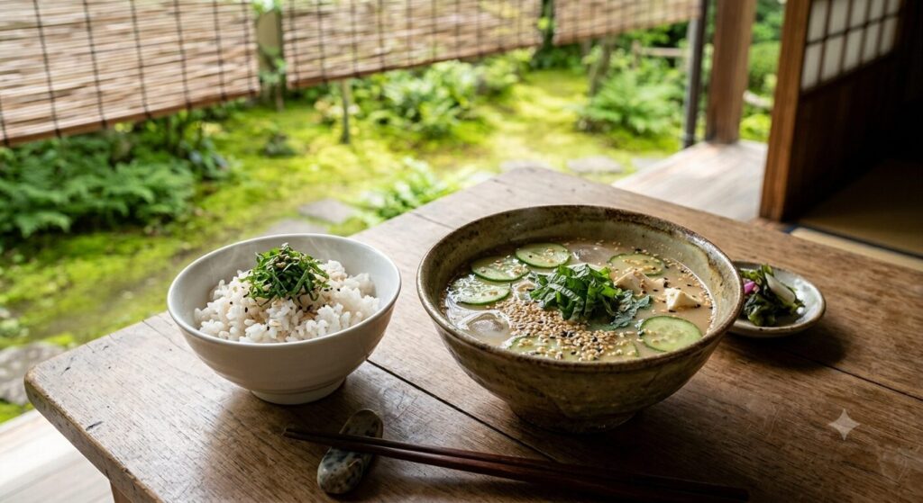 味噌やきゅうり、豆腐を使った冷や汁が並び、日本の夏の食文化と伝統的な暑さ対策