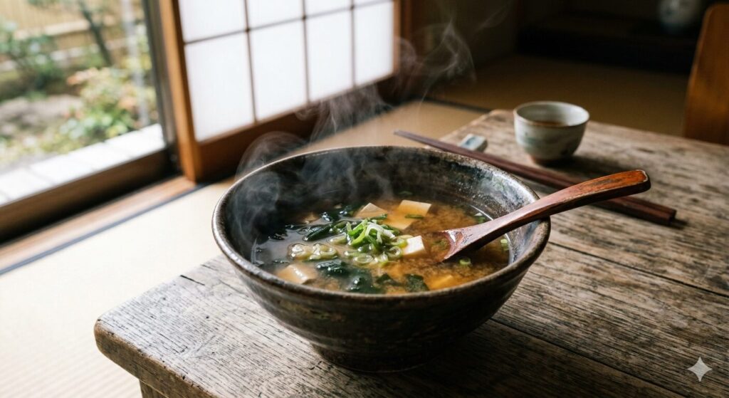 湯気が立ちのぼる味噌汁の様子であり、発酵食品としての温かさと消化のしやすさを示しています