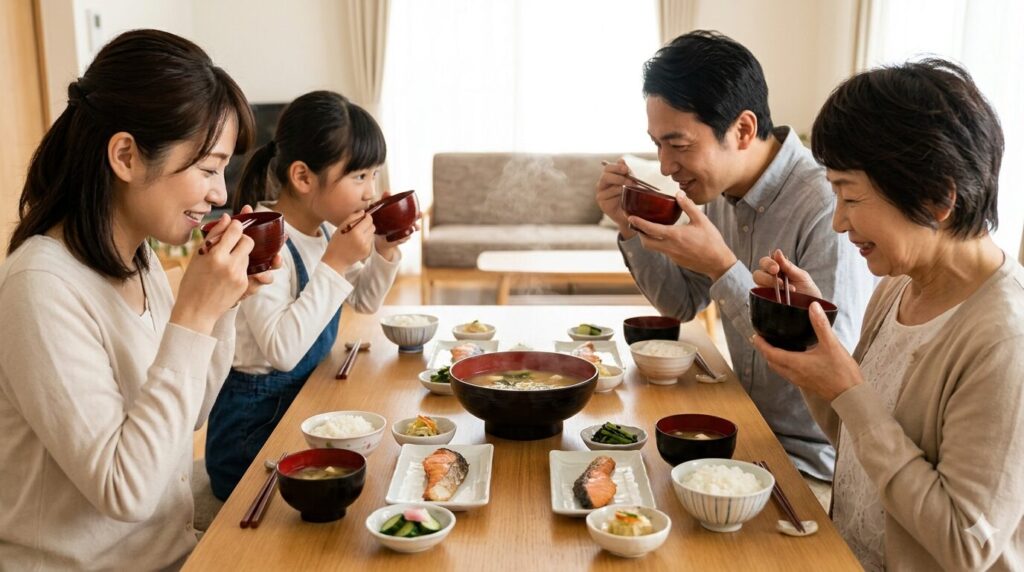 家族が味噌汁を囲んで食事をしている様子の写真です。
