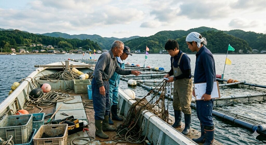 漁業関係者が養殖施設を確認している様子です。東京湾漁業を守るための取り組みを表現しています。