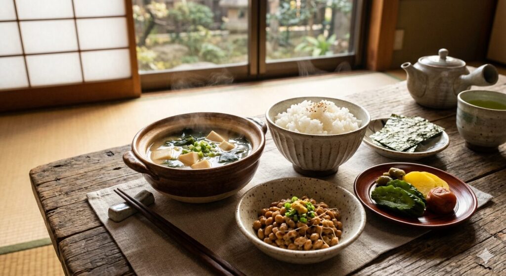 味噌汁や納豆を含む発酵食品中心の和朝食の様子です。