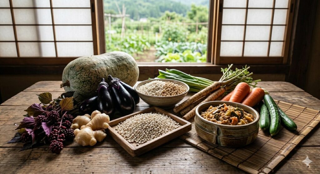 静岡県の金山寺味噌に使われる多様な野菜や地域食材を表現した写真です。