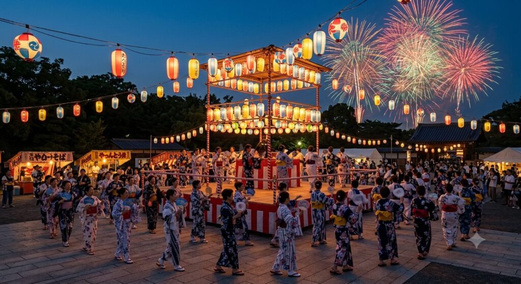 浴衣姿で盆踊りを楽しみ、花火が打ち上がる日本の夏祭りの風景