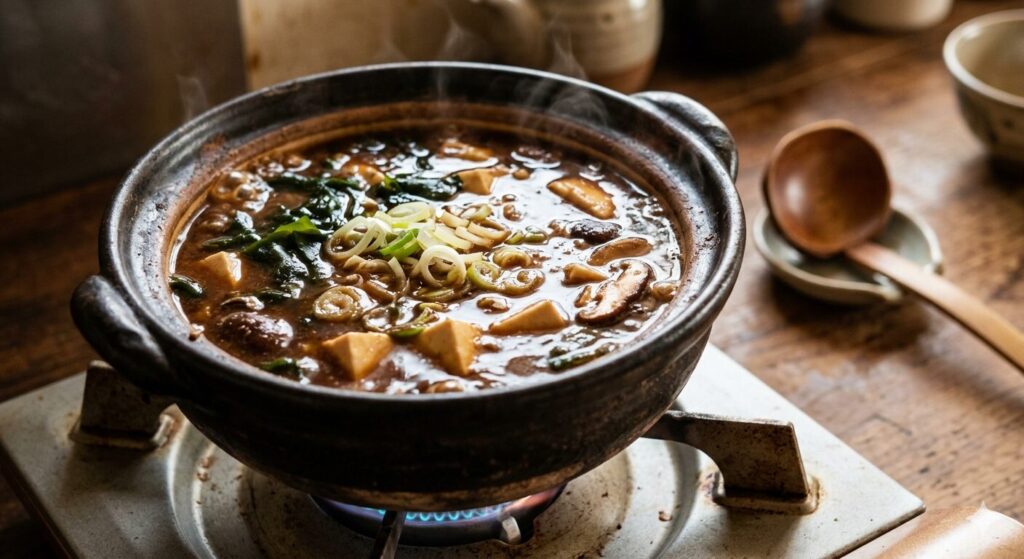 加熱によって色が濃くなった味噌汁の様子