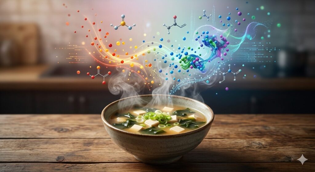 味噌汁の加熱による香り成分や酵素の変化を表したイメージ