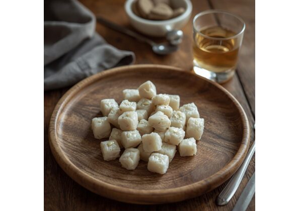 キューブ状にカットされた発酵サメ「ハカラル」と蒸留酒のセット。アイスランドの伝統的な発酵食品の現代的な提供スタイル。