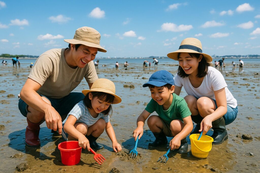 「東京湾沿岸の干潟で潮干狩りを楽しむ家族連れ。アサリ漁場が地域の漁業と観光を支えてきたことを象徴する風景」