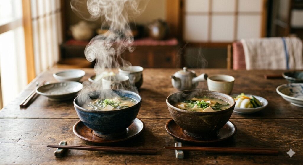 加熱の違いによる味噌汁の風味の違いを表したイメージ