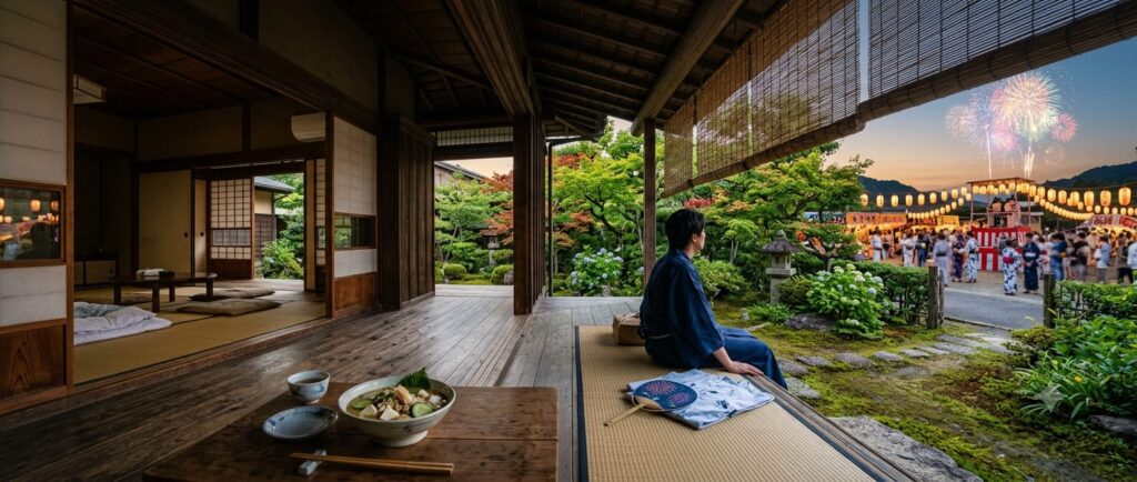 軒の深い日本家屋、縁側、浴衣、扇子、竹の敷物、冷や汁、そして花火と盆踊りが一体となって、日本の伝統的な暑さ対策と夏の暮らしを紹介しているヘッダー画像です
