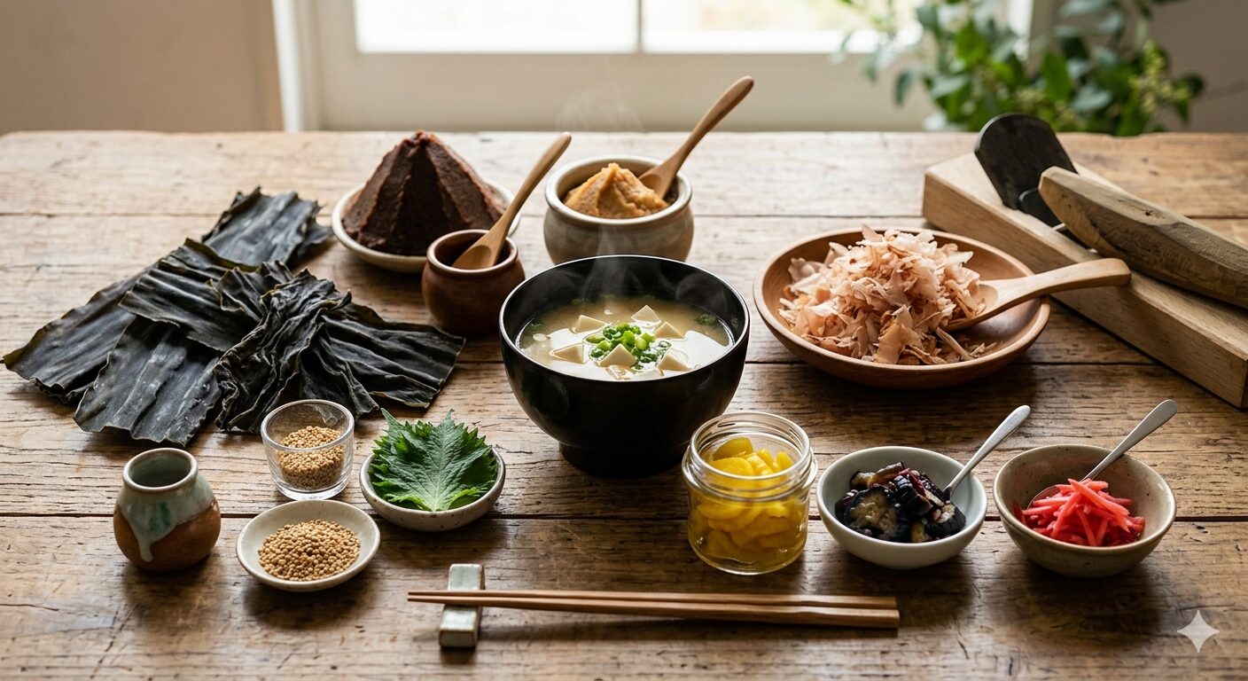 昆布や鰹節、味噌などの日本の旨味食材を並べた写真です。