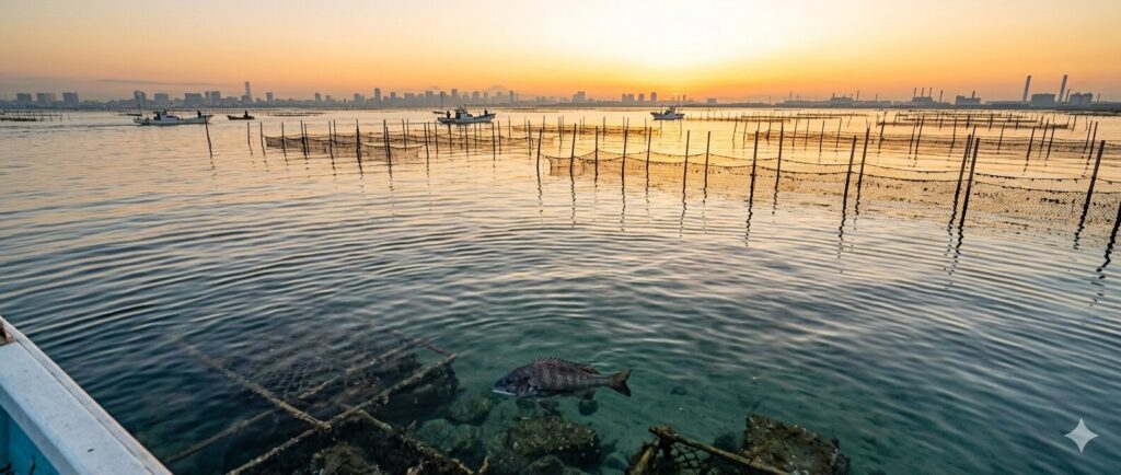東京湾に広がる海苔養殖施設と、その周辺海域を泳ぐ黒鯛を表現したイメージです。黒鯛の食害と東京湾漁業への影響を象徴しています。