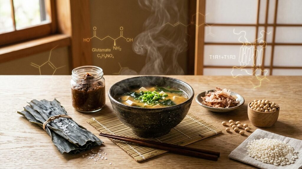 湯気の立つ味噌汁と昆布・鰹節・大豆・麹が並ぶ、日本人の繊細な旨味文化を表す静かな和の情景。