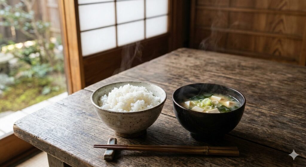 ご飯と味噌汁が並んだ日本の食卓の様子であり、味噌と米の相性の良さを表しています
