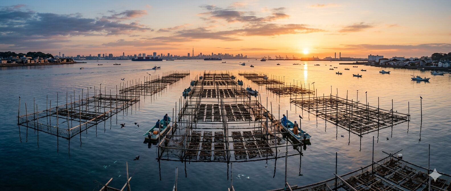 東京湾に広がる海苔養殖施設と漁船の様子です。黒鯛の食害と東京湾漁業への影響をイメージしています。