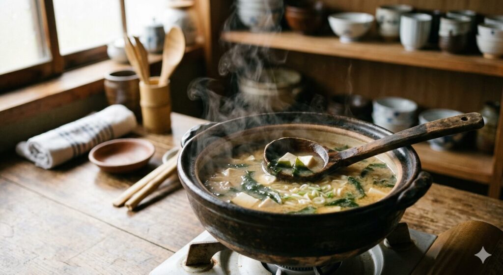湯気が立ちのぼる味噌汁と鍋の様子