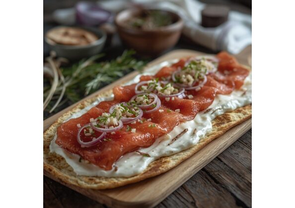 ラケフィスクを使ったオープンサンド。クリームやハーブとともに盛り付けられたノルウェーの伝統的な発酵魚料理の現代的アレンジ。