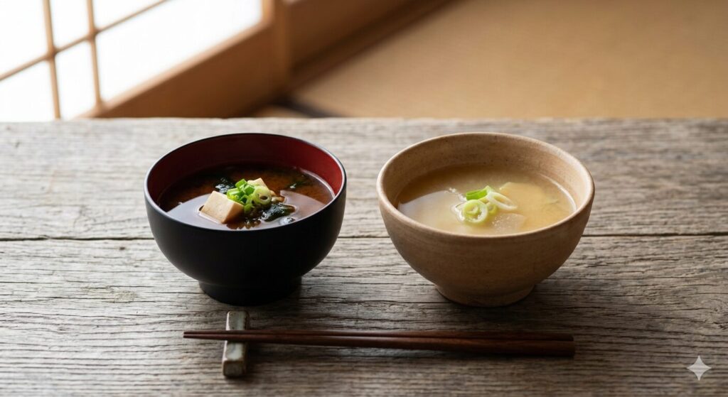 白味噌と赤味噌の色や特徴の違いを比較した味噌汁