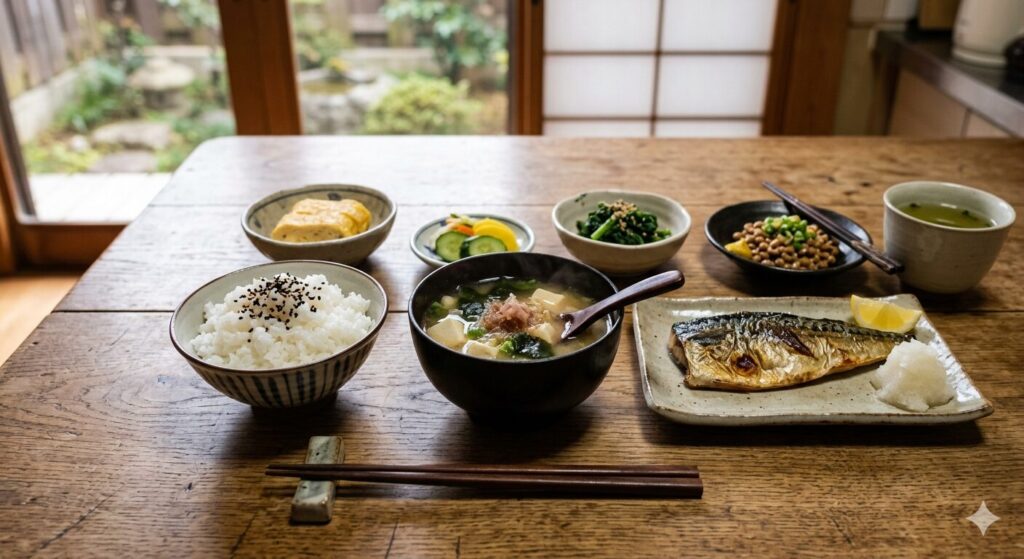 和朝食とともに並ぶ味噌汁の一杯を撮影した画像です。味噌汁の健康効果や血糖値管理をイメージしやすい構成です。