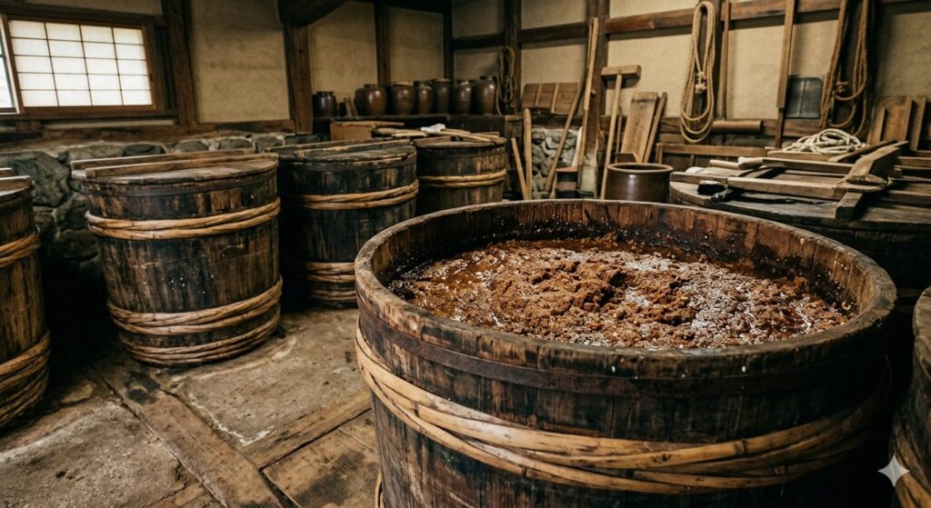 味噌の発酵工程を示す木桶の中の味噌の様子です