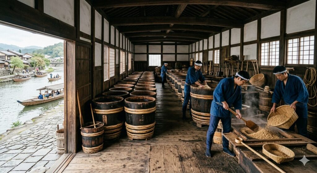 江戸時代の醤油蔵で、大桶を使いながら発酵作業を行う職人たちの様子です。