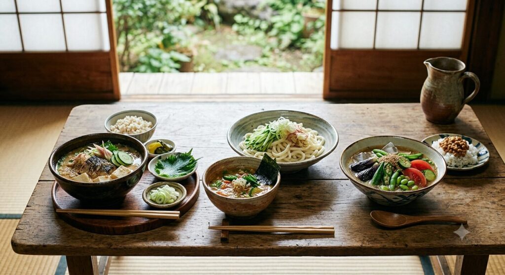 日本各地で異なる冷や汁の特徴を比較した郷土料理の様子です。