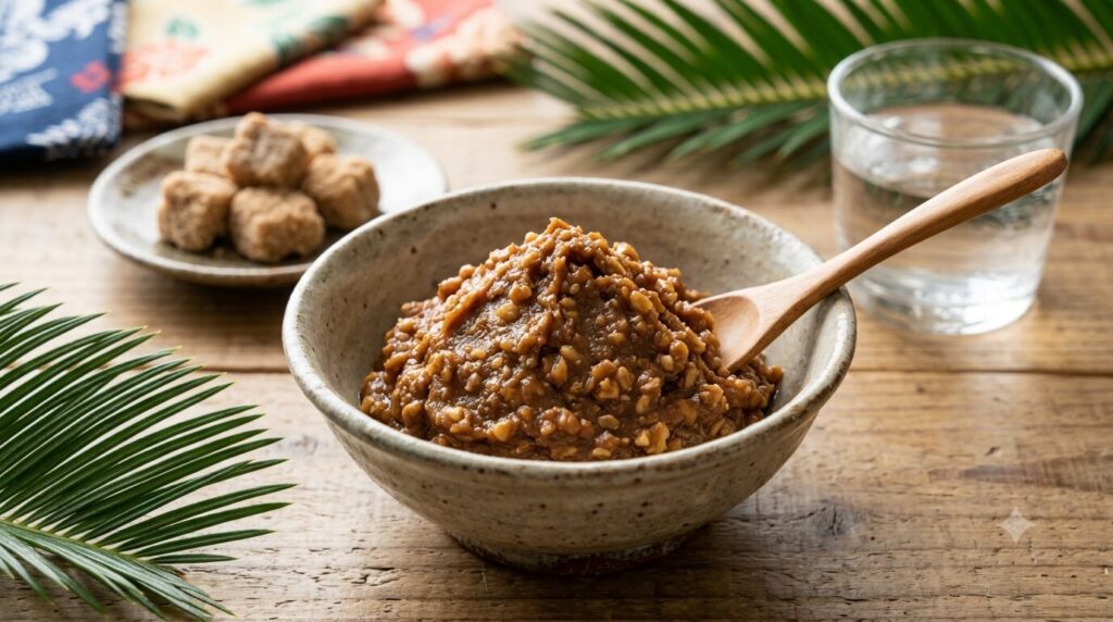 奄美大島に伝わる伝統的ななり味噌(蘇鉄味噌)の様子です。